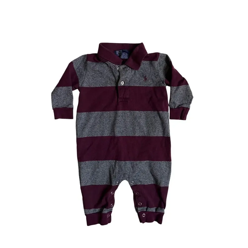 Polo Ralph Lauren Striped Cotton Jersey Rugby Coverall (Maroon & Grey) - Small